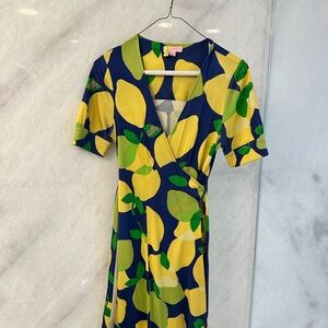 Lilly Pulitzer Blue and Yellow Lemon Print Midi Wrap Dress